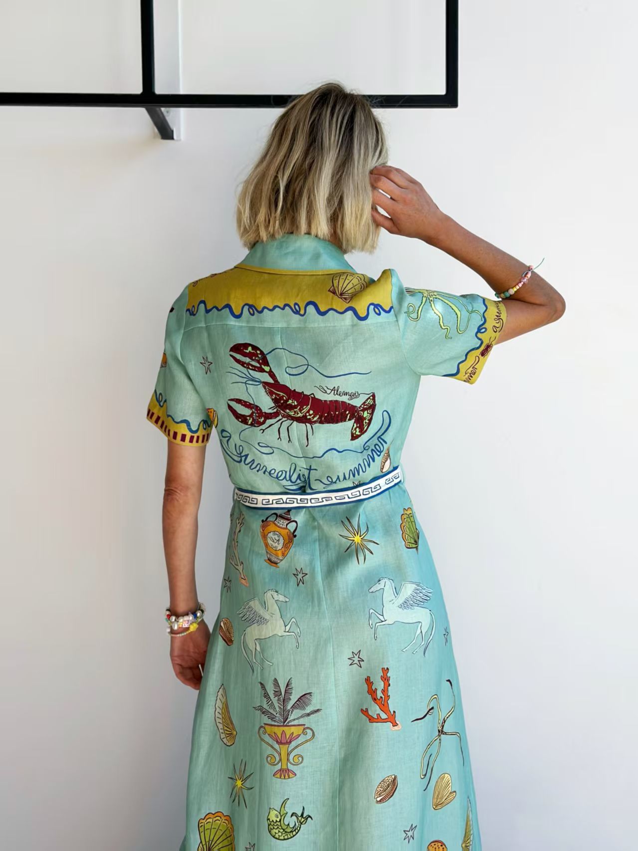Graffiti Pattern Summer Season Wholesale Women's Elegant Marine Style Streetwear Graffiti Holiday Selfie Turndown Short Sleeve A- Line Skirt