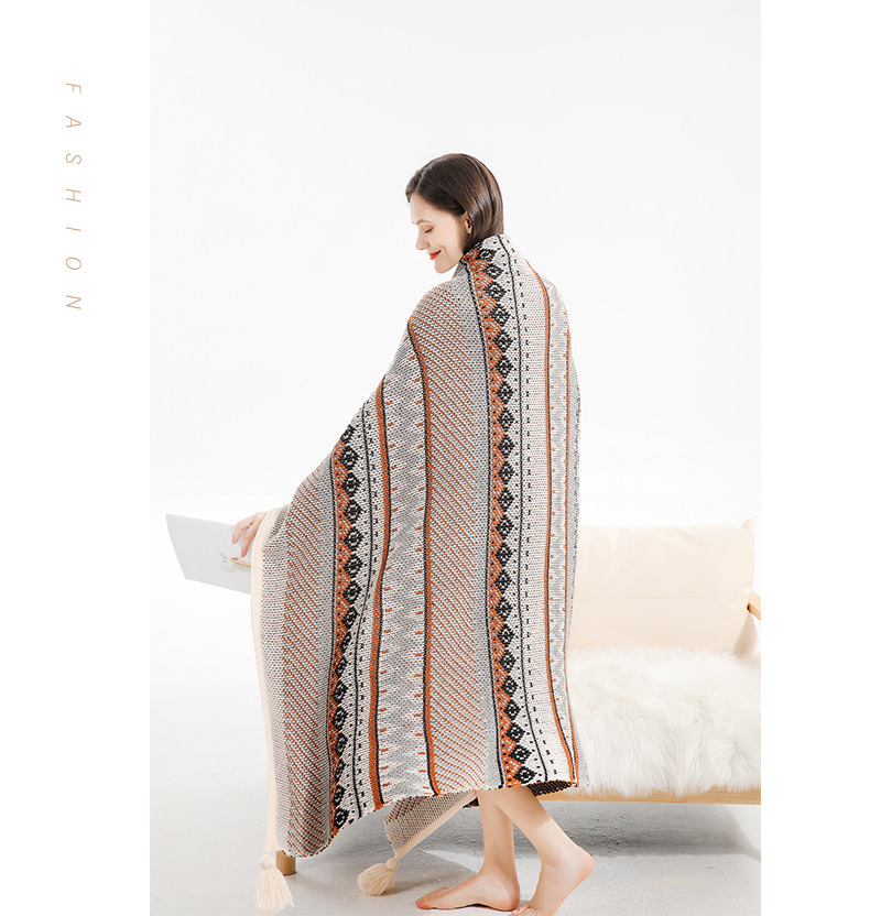 Bohemian sofa cover wool knitted ethnic style wave air conditioning blanket, tassel nap blanket_voghion.com