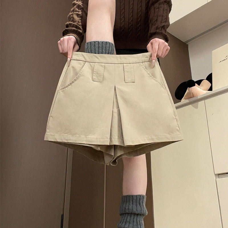 Khaki Faux Two-Piece Shorts for Women, Spring and Autumn 2026 New High-Waisted A-Line Slimming American-Style Workwear Skirt Pants for Petite Figures