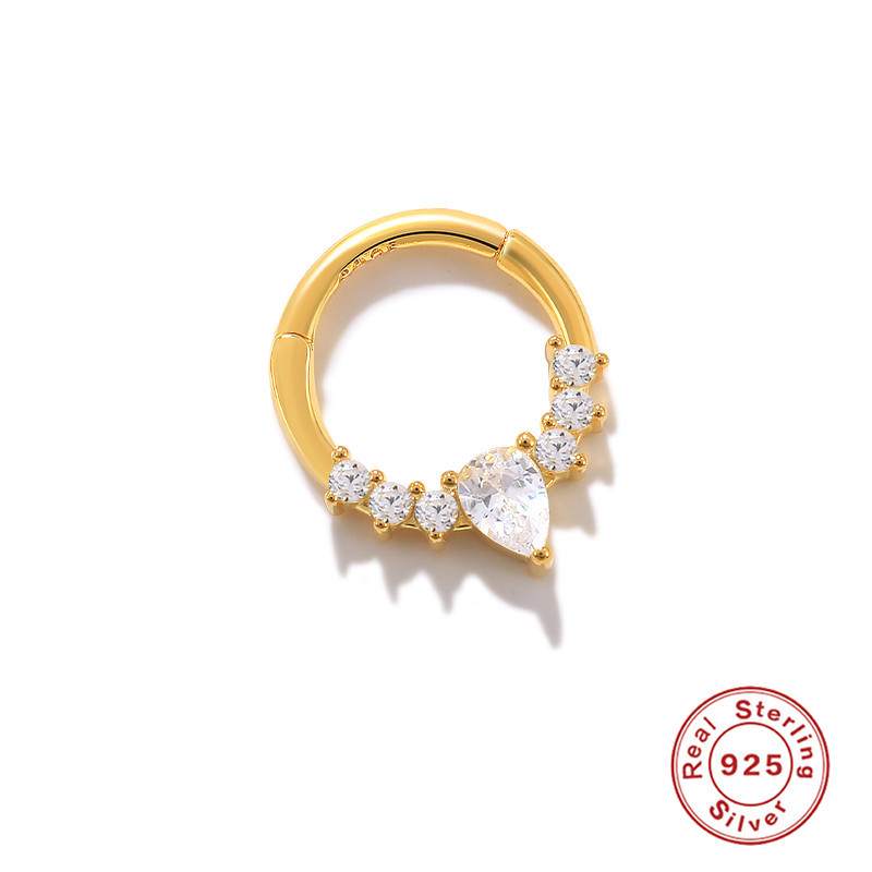 S925 plata de ley relámpago súper flash con incrustaciones de joyas de perforación estilo europeo y americano INS estilo francés exagerado mini pendientes pequeños anillo de nariz
