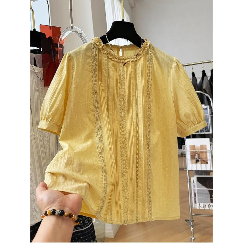 High-End Heavy-Duty Hollow Lace Splicing Short-Sleeved Shirt for Women, Summer Style French Petty Top, Thin