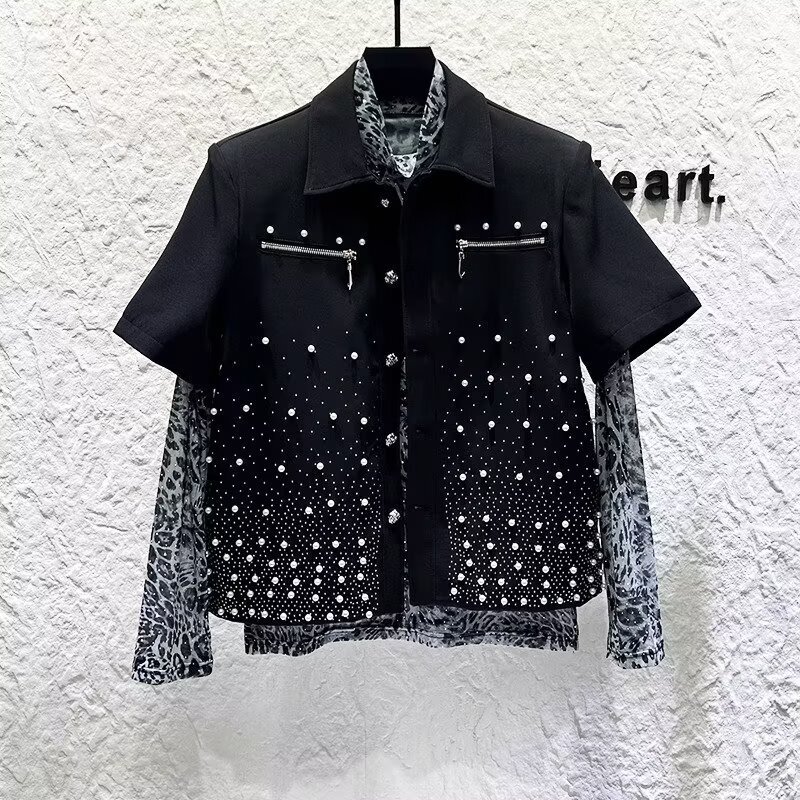 High-End Heavy-Duty Rhinestone Denim Jacket for Men, Korean Style Design, Versatile Loose Jacket Top for Men, Trendy High-End Heavy-Duty Rhinestone Denim Jacket for Men, Korean Style Design, Versatile Loose Jacket Top for Men, Trendy