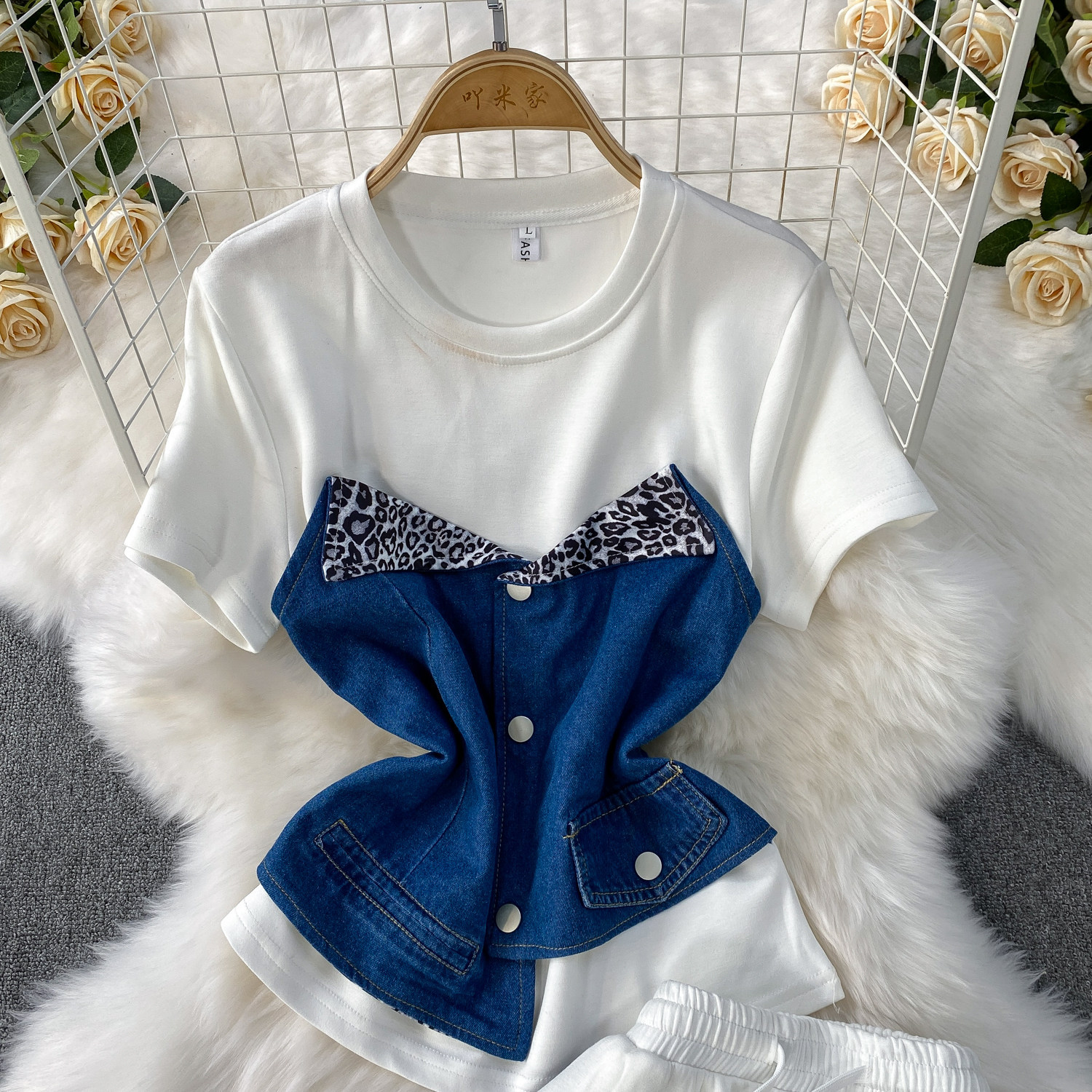 Women's Two Piece Set Denim Short Sleeved Top High-Waisted Slim Straight Leg Pants Fashion Slimming Wide Leg_ecoleips.com