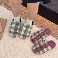 3.0cm格子勃肯鞋女秋冬季外穿防滑情侣棉拖鞋男冬天厚底毛绒拖鞋