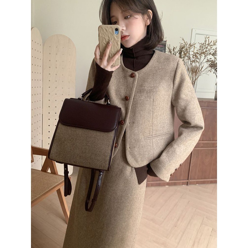 韩版小香风套装女秋冬季新款小个子穿搭高级感栗子毛呢减龄两件套|undefined