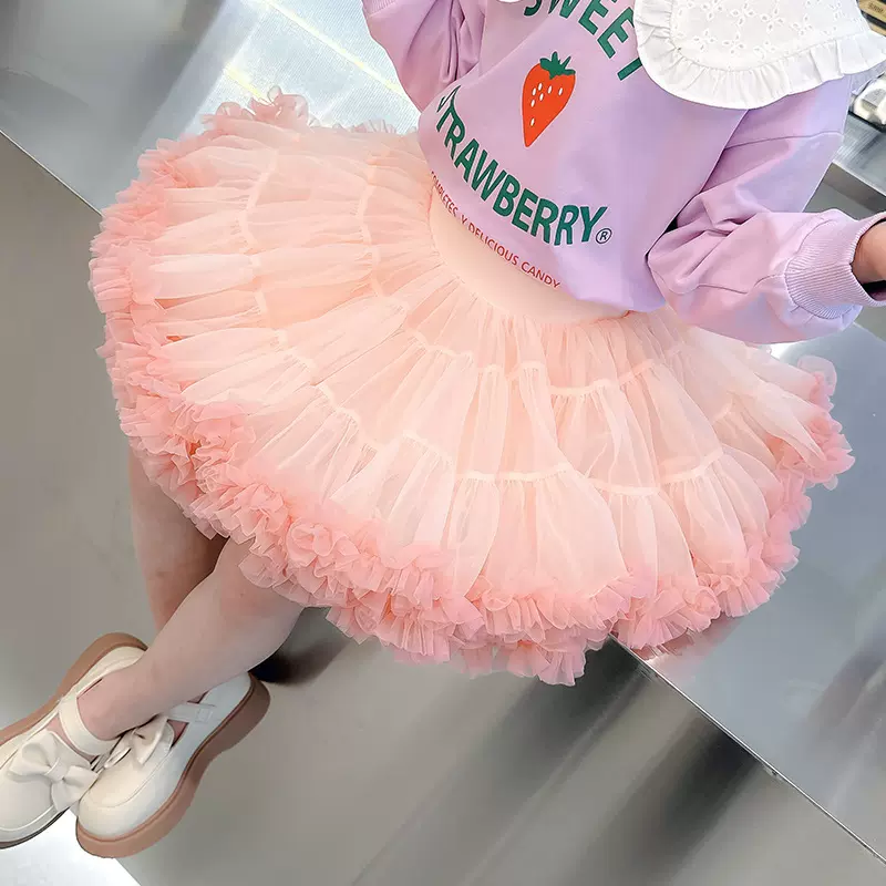 跨境中小女童半身裙INS粉蓬蓬裙2代儿童TUTU半身裙全网纱芭蕾裙