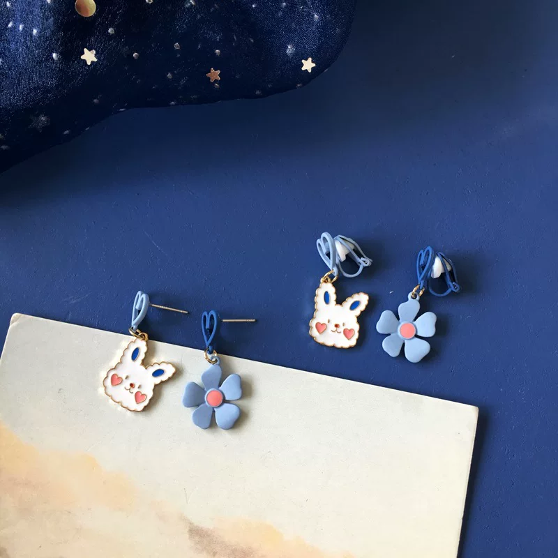Маленькая серебряная игла, кролик, асимметричные серьги, серебро 925 образец, цветочная
