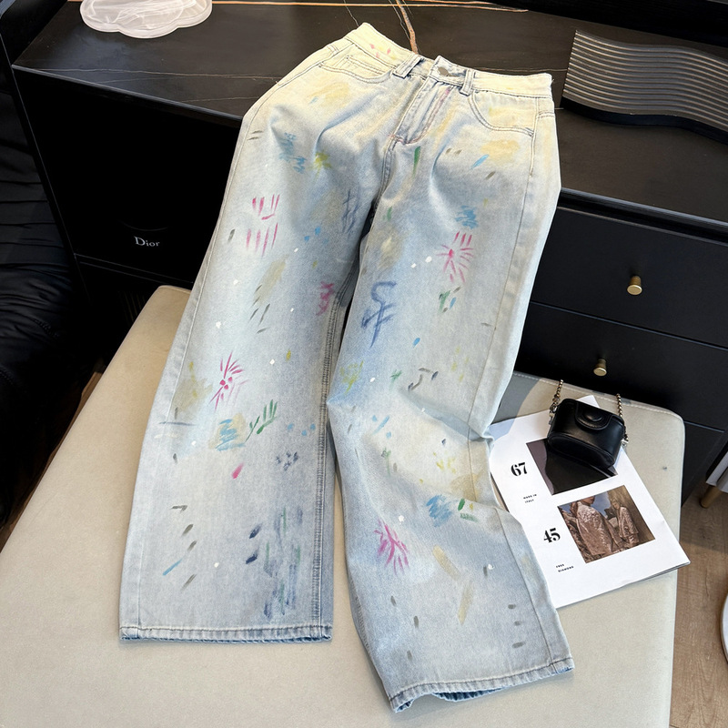 Heavy-Duty American-Style Painted Graffiti Distressed Jeans for Women, 2026 Spring/Summer High-Waisted Straight Loose Slimming Wide-Leg Pants Heavy-Duty American-Style Painted Graffiti Distressed Jeans for Women, 2026 Spring/Summer High-Waisted Straight Loose Slimming Wide-Leg Pants