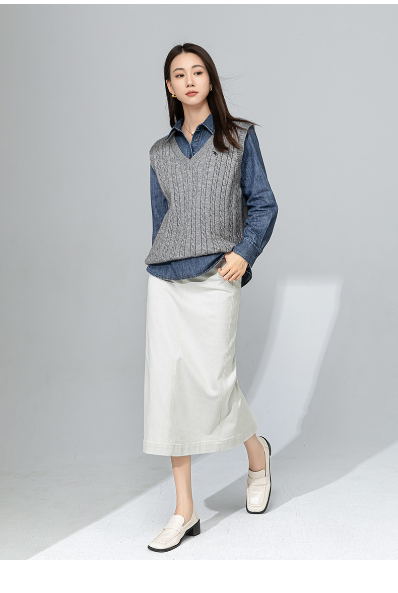 Váy denim trắng nữ cạp cao bút chì phong cách tối giản dài midi — Màu xám trắng chi tiết 18