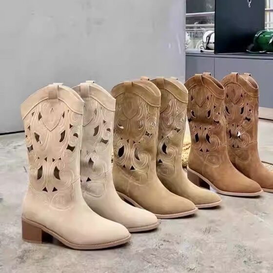 2024 New Arrival Summer Flowers ~ Ethnic Style Retro Trend Hollow Embroidered Breathable V-Mouth Western Cowboy Boots