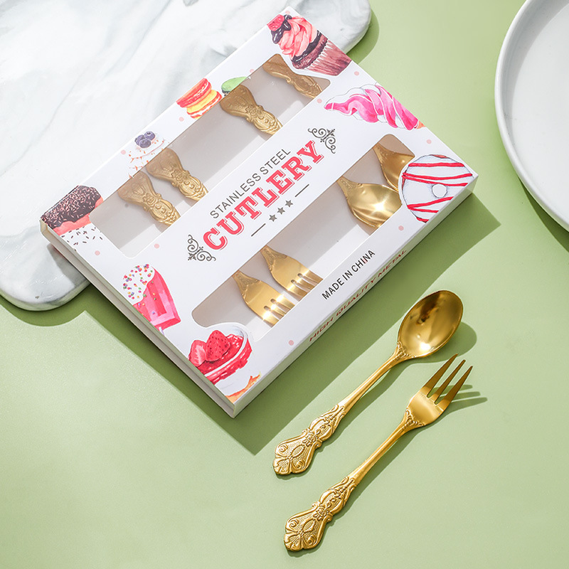 跨境不锈钢皇庭甜品勺子餐具创意甜品咖啡勺水果蛋糕叉勺礼盒套装
