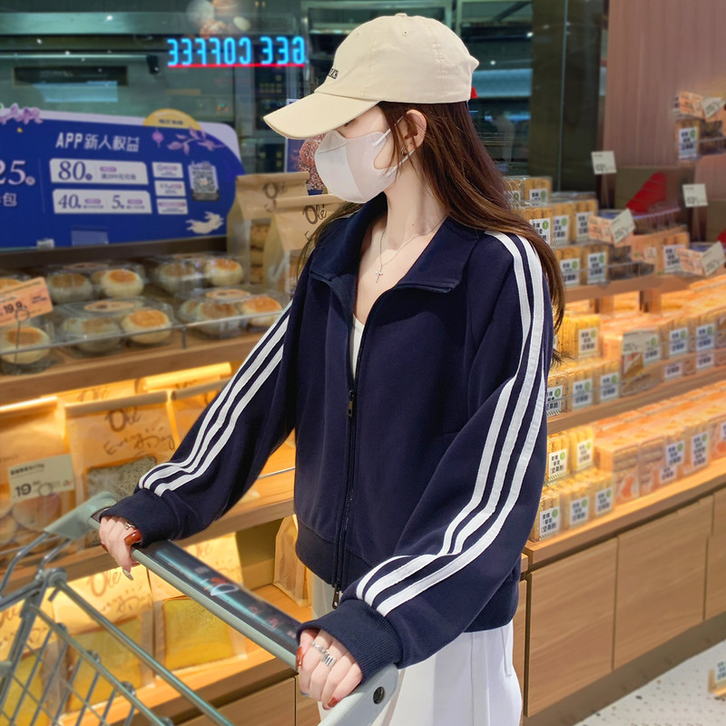 Autumn Short Sweatshirt Jacket for Women, Petite Size, Double Zipper, American Style, Three Stripes, Loose Casual Stand Collar Jacket Top