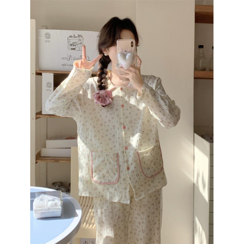 跨境外贸甜美粉色小碎花纱家居服睡衣套装