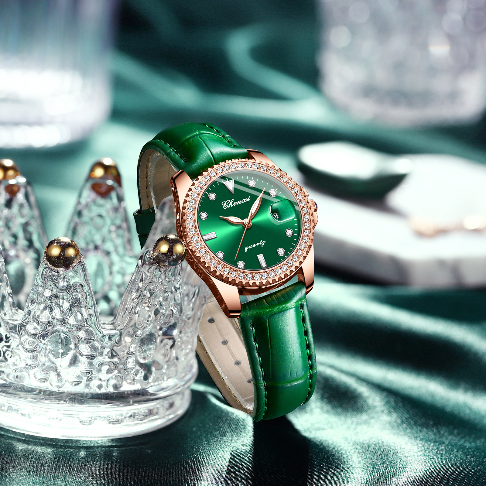 CHENGXI Chenxi 385 reloj de cuarzo redondo de moda para mujer impermeable creativo cinturón de acero moda pequeño reloj verde reloj