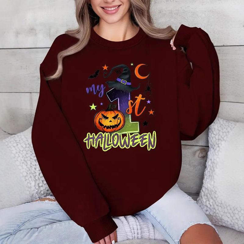 2025 Cross-Border Women's Halloween Printed Pullover, Casual Long-Sleeved Round Neck Sweatshirt, Ready Stock