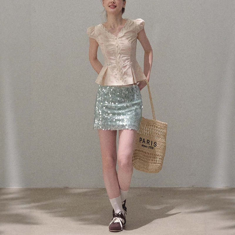 Oakmo Basic * Cotton Lace V Neck Girly Waist Slimming Look Design Shirt Top