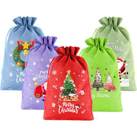 2025跨境新款圣诞节节日装饰麻布束口袋儿童抽绳糖果袋礼物包装袋