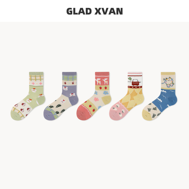 Socks Women's Mid-length Socks ins Trendy Spring and Summer Thin Fun Cartoon Distinctive Street Creative Cute Trendy Stockings Cotton