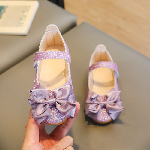 Cross-border wholesale 2024 autumn new Korean version children princess shoes for girls single shoes shiny leather bow flat leather shoes