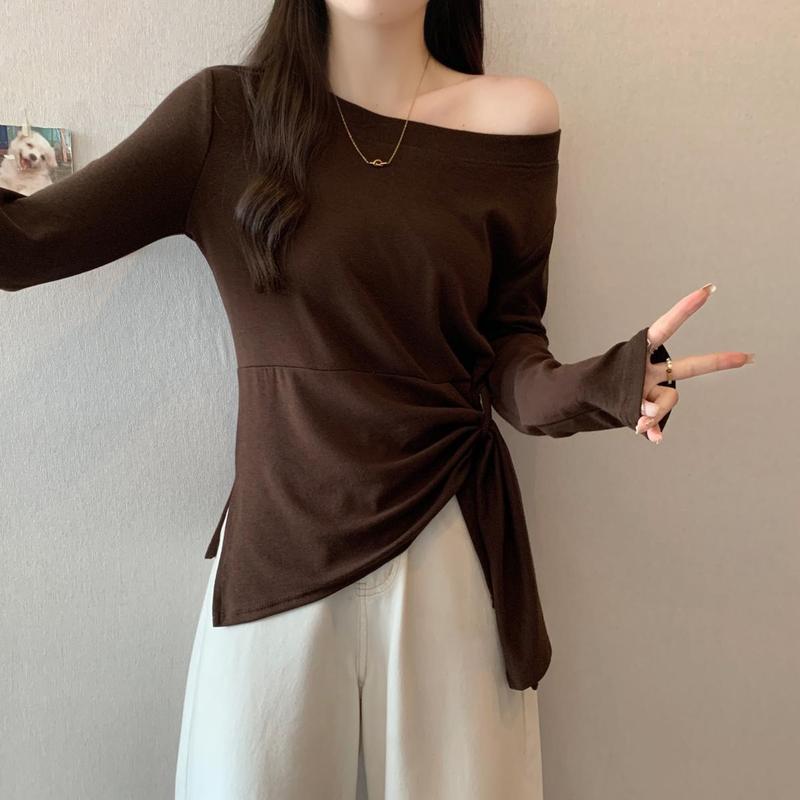 大码女装2025秋季新款不规则设计感收腰条纹甜辣长袖恤2176黑色|undefined