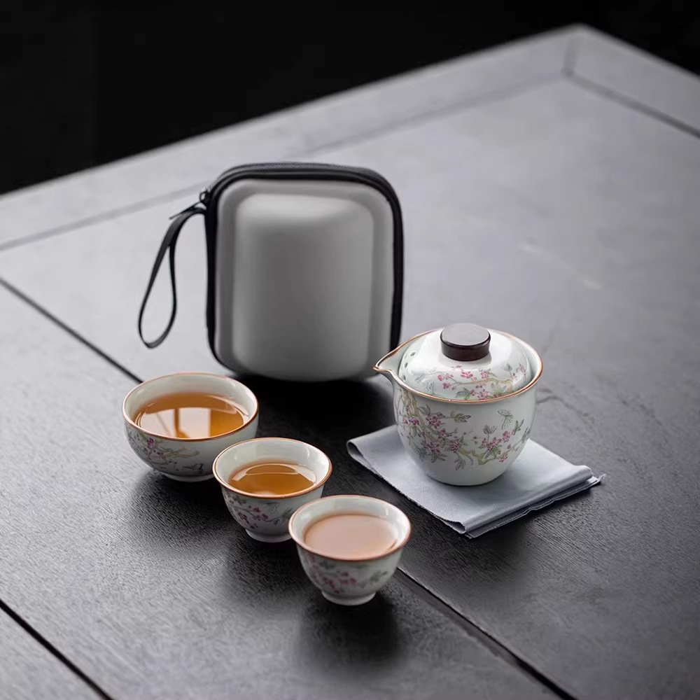 Beige Ru Kiln Teapot and Three Cups Portable Travel Tea Set Outdoor Tea Brewing Quick Cup Storage Bag Gift Set