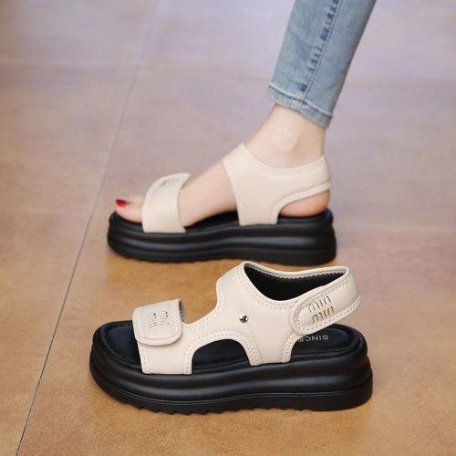 2025 Summer Women's Velcro-Strap Thick-Soled Casual Sandals: Non-Slip, Comfortable Flat-Heel Roman-Style Flip-Flops