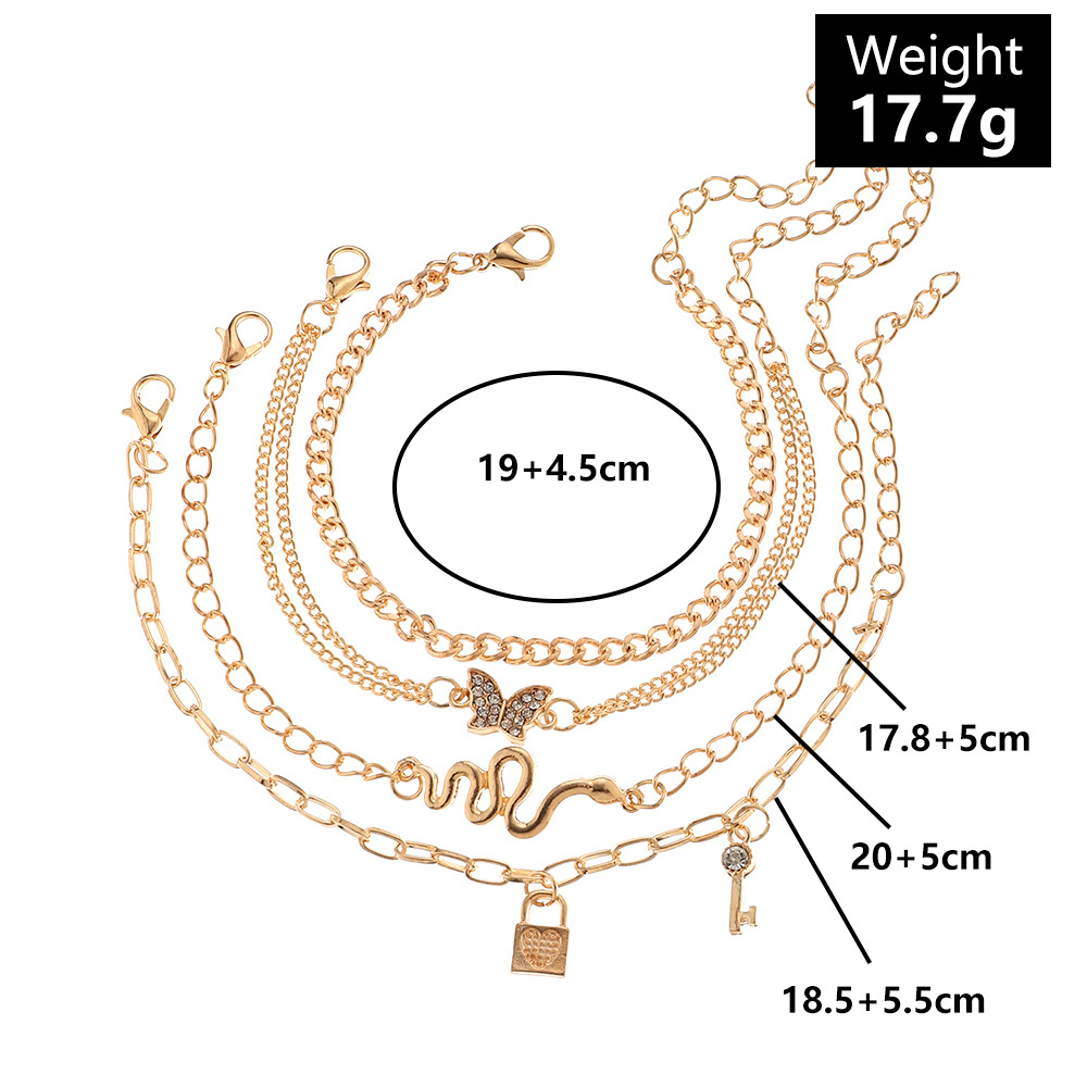 New Product Retro Butterfly Anklet 4-piece Fashion Metal Snake-shaped Key Anklet display picture 1