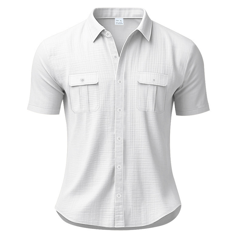 Transfronterizo Europa y América Amazon 26 camisa de verano de hombre de manga corta bolsas de color sólido Cardigan camisa de lino con solapa suelta