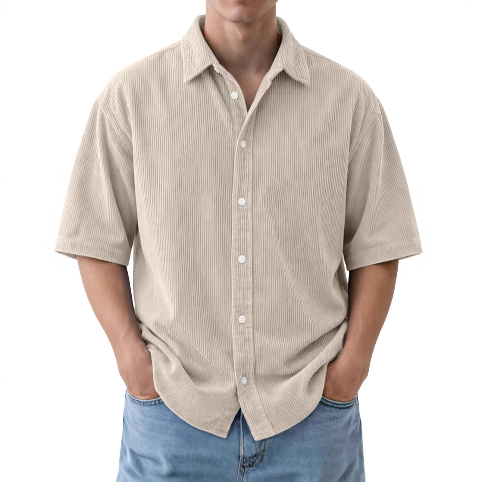 2026 Summer Retro Shirts: Casual Loose-Fitting Solid Color Corduroy Polo With Flap Collar For Men_viptrois.com