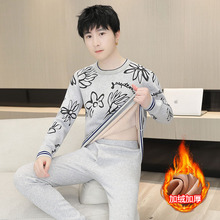 青少年秋冬保暖内衣套装男加厚加绒防寒秋衣秋裤潮流印花圆领套装