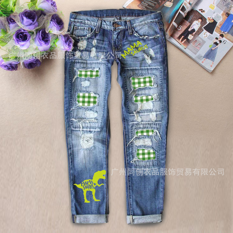 Temu Autumn Collection Aliexpress Mid-Waist Street Fashion Cotton Denim Light-Colored Straight Pants Printed Blue Women's Jeans