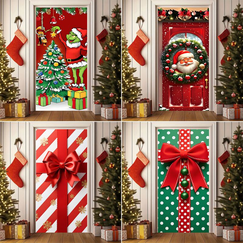 Amazon Christmas Door Cover Christmas Grinch Green Furry Monster Christmas Tree Gift Christmas Door Sticker Door Fabric