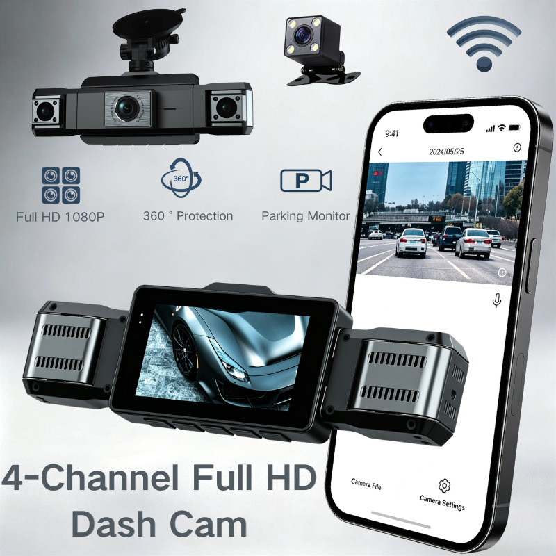Cross-border four-lens dashcam with high-definition night vision, simultaneous four-record display, mobile phone connectivity, and in-car four-record recorder
