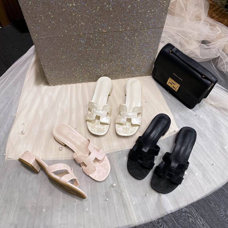 3cm Chunky Heel Slippers for Women, Summer 2026 New Style, Beach Satin High Heel Sandals, Casual Open-Toe Sandals