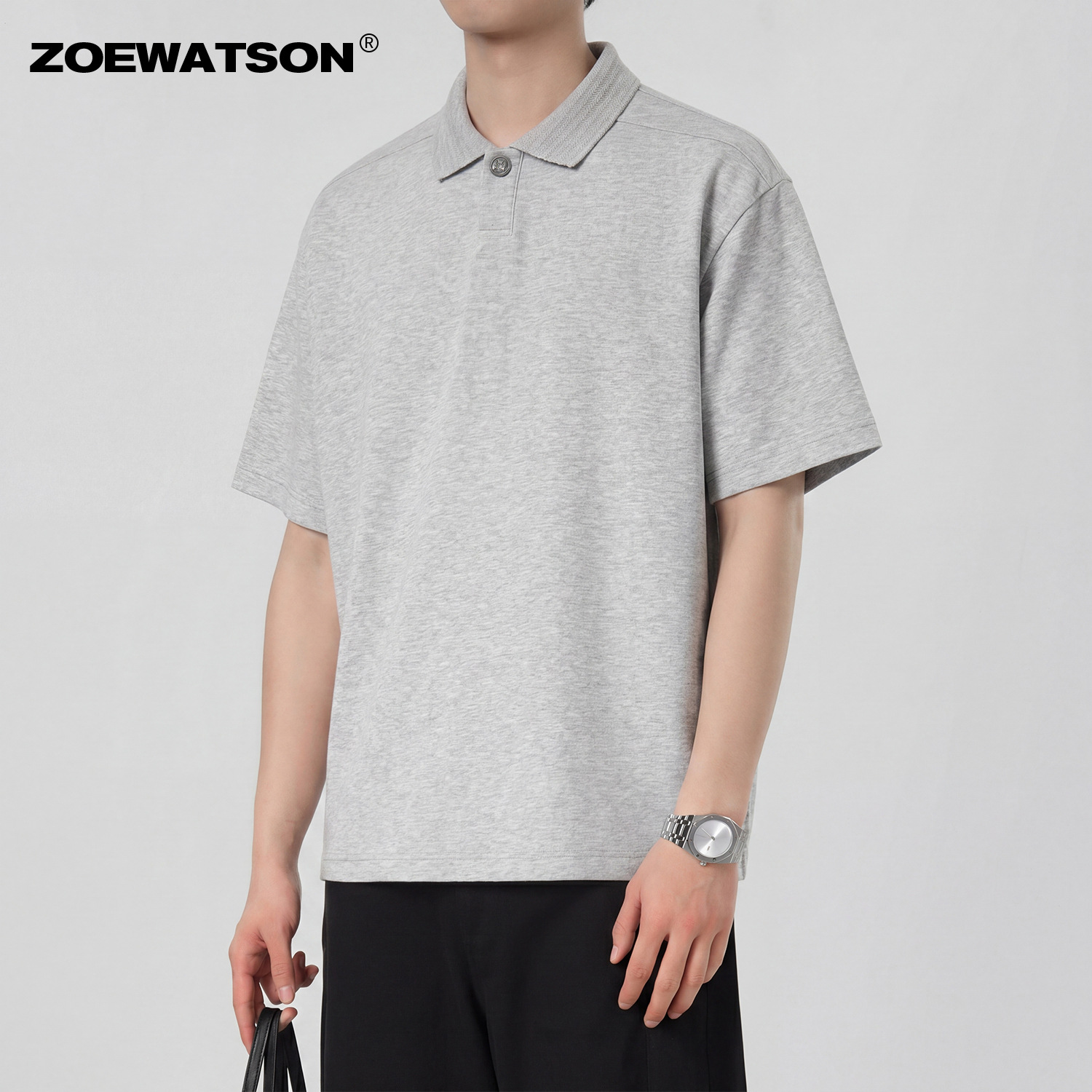 ZOEWATSON男装夏季设计感翻领短袖复古老钱风时尚百搭polo衫上衣