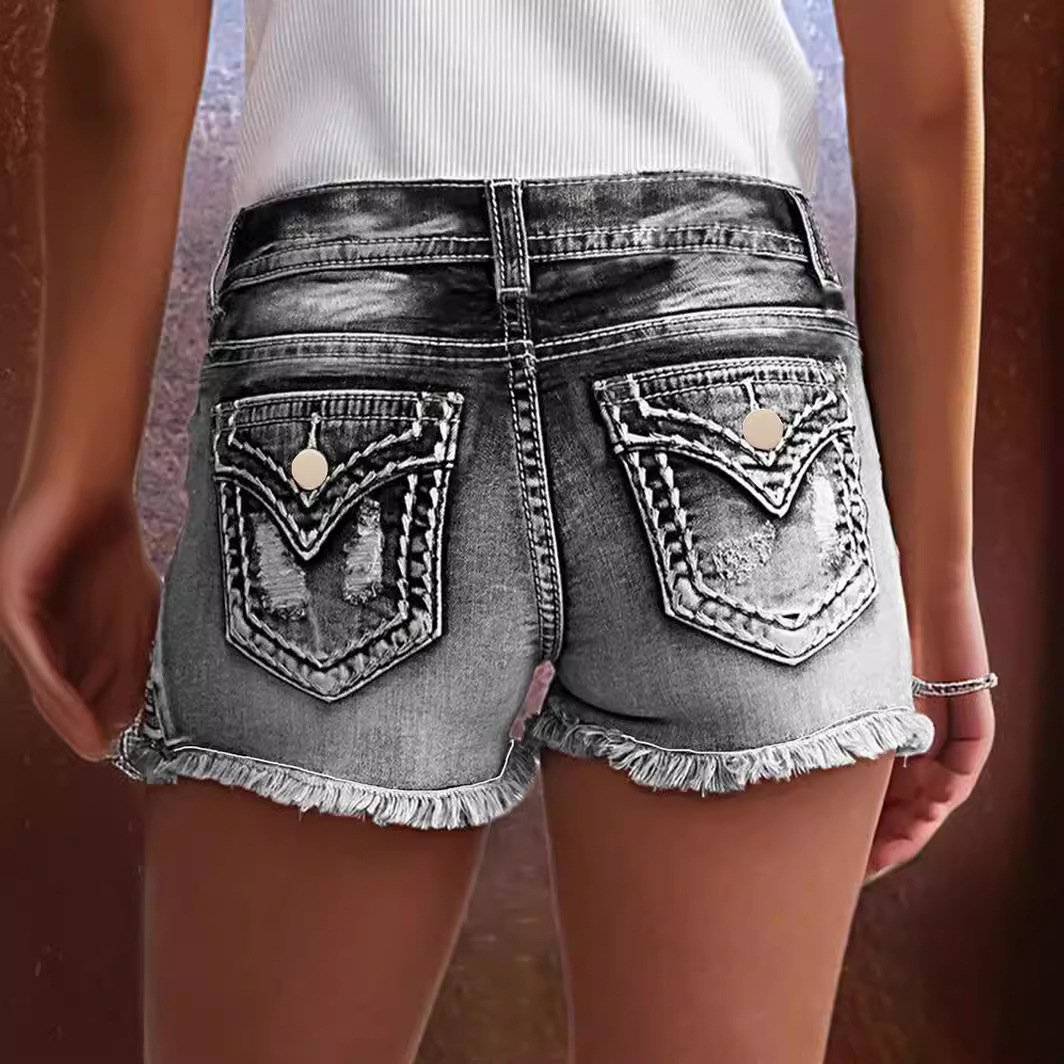 Women's European And American Fashion Ins Hot Style Elastic Patch Embroidered Ripped Denim Shorts_ecoleips.com