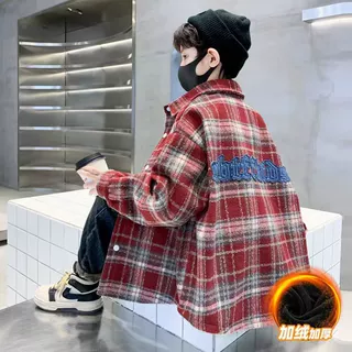 男童加绒加厚格子衬衫外套2026新款春秋季保暖一体绒时尚潮流上衣