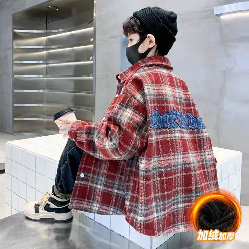 Boys' Fleece-Lined Thick Plaid Shirt Jacket 2026 New Spring and Autumn Warm Fleece Fashion Trendy Top