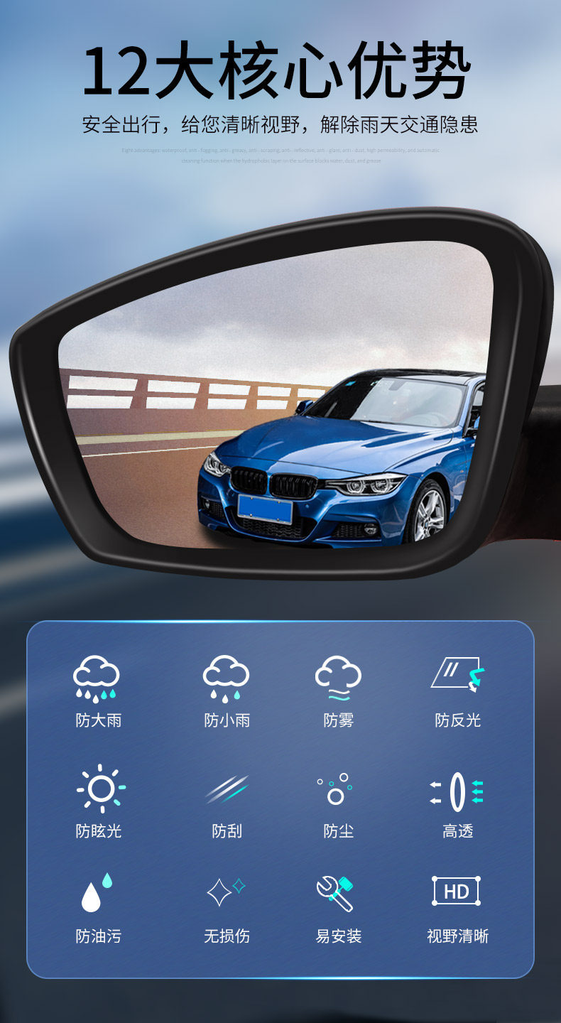 Car Hydrophobic Film, Rearview Mirror Rainproof Film, Universal Anti-Glare Car Rearview Mirror Waterproof Film, Non-Water-Absorbing for Vehicles