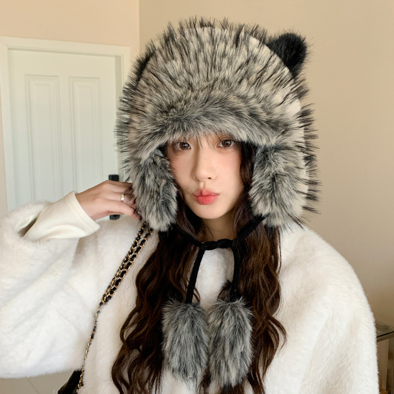 韩系秋冬帽子女款高级感气质毛绒帽大头围猫耳朵保暖帽加绒雷锋帽|undefined