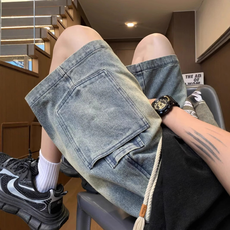 Cargo Denim Shorts Men's Summer Thin American High Street Washed Distressed Trendy Loose Casual Mid-Length Pants
