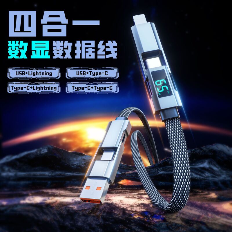 Digital Display Four-In-One Data Cable 65W Fast Charging Two-In-One Pd Charging Cable Suitable for Apple 17 Notebook Zinc Alloy