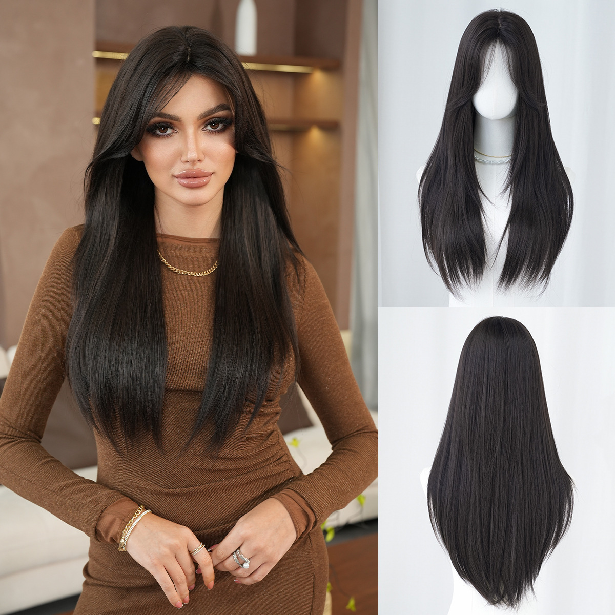 Peruca de moda femenina cara redonda capa de cabello recto super largo cabello negro completo peluca de alta calidad fibra química cubierta de cabeza