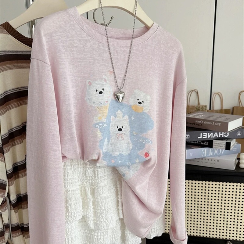 Gentle and Cute~ Early Autumn New Loose Plus-Size Women's Top Korean Style West Highland Versatile Stylish Long-Sleeve Base Shirt