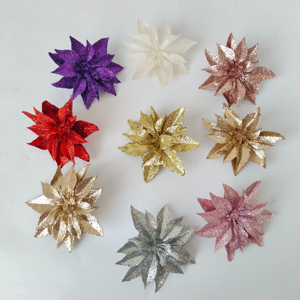 Polvo de oro de 9cm cabeza de flor de Navidad flor de simulación brillo flor de Navidad decoración de árbol de Navidad decoración de vacaciones accesorios de guirnalda