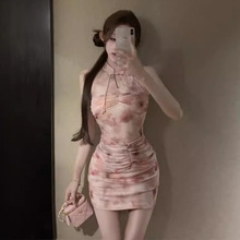 复古印花改良旗袍裙无袖露肩褶皱收腰包臀性感网纱连衣裙X6844