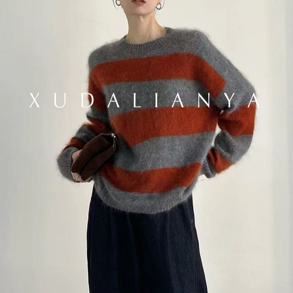 6 Cashmere 94 Wool Fluffy Brushed Knitwear Autumn and Winter Cloud Loose Stripesd Knitwear for Women 6 Cashmere 94 Wool Fluffy Brushed Knitwear Autumn and Winter Cloud Loose Stripesd Knitwear for Women