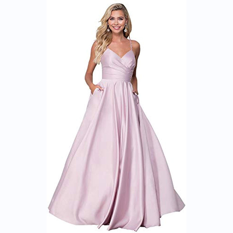 Amazon Fashion Women's V-neck Backless Lace-up Satin Prom Gown Slimming Sling Long Party Evening Gown
