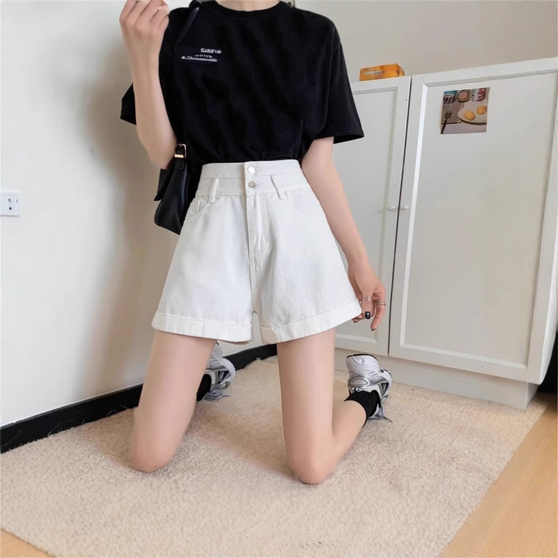 New Women's Super High Waist Denim Shorts Women's 2025 Spring and Summer Korean Style Loose Slimming Student A- Shaped Hot Trendy Pants
