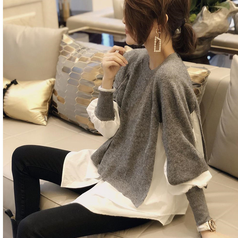 Vêtements pour femmes 2023 Pull d'automne et d'hiver Chemise d'épissure pour femmes Pull tricoté de style occidental pour femmes Hauts pour femmes Veste tricotée_voghion.com